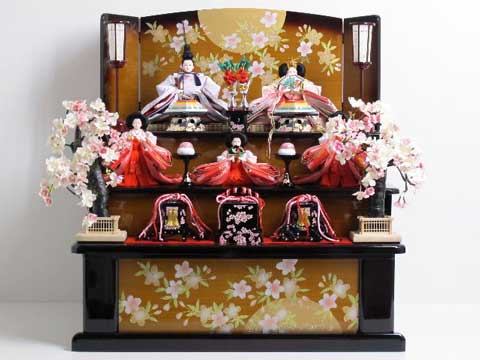 桜色と藤色の雛人形月桜ぼかし塗り三段飾り