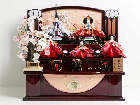 桜柄友禅衣装の雛人形桜木花梨塗り収納三段飾り