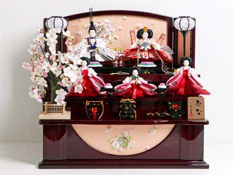 白地を基調とした桜刺繍の雛人形桜木花梨塗り収納三段飾り