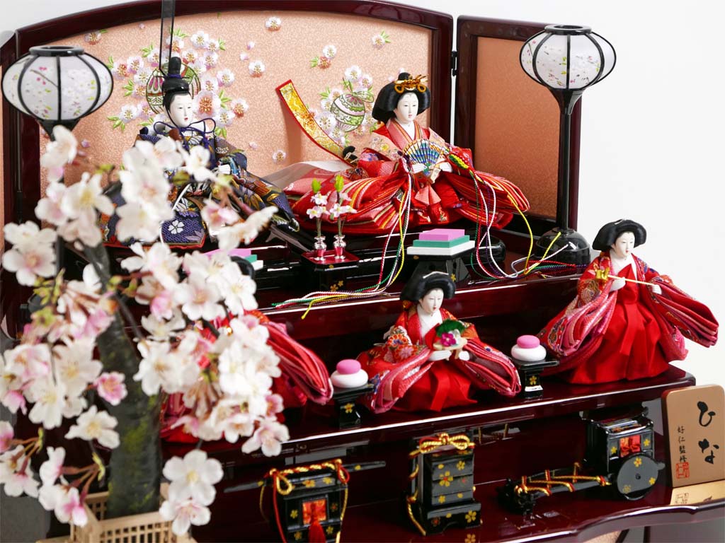古典花柄の赤と紺の雛人形桜木花梨塗り収納三段飾り