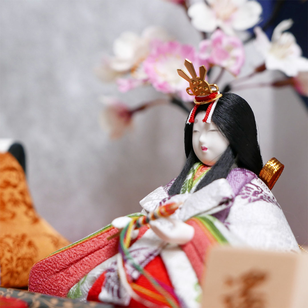黄呂染衣装の木目込み人形金銀箔船盛桜飾り(姫名前札付)