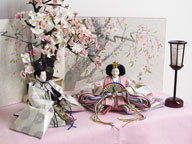 ピンク衣装の雛人形を桜屏風の前に大きな桜の木と共に優雅に飾りました。桐箱に収める便利な収納タイプです。
