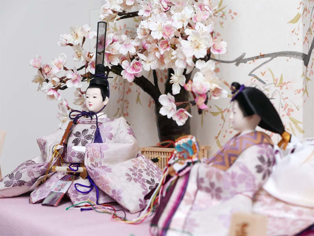 紫のシックなお雛様を手描き桜屏風で彩る桐収納式雛人形