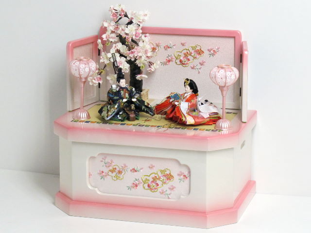 松竹梅衣装の小さな雛人形ホワイトピンク収納桜飾り