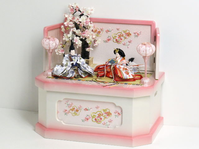 白地に桜柄衣装の雛人形ホワイトピンク収納桜飾り