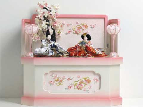 白地に桜柄衣装の雛人形ホワイトピンク収納桜飾り