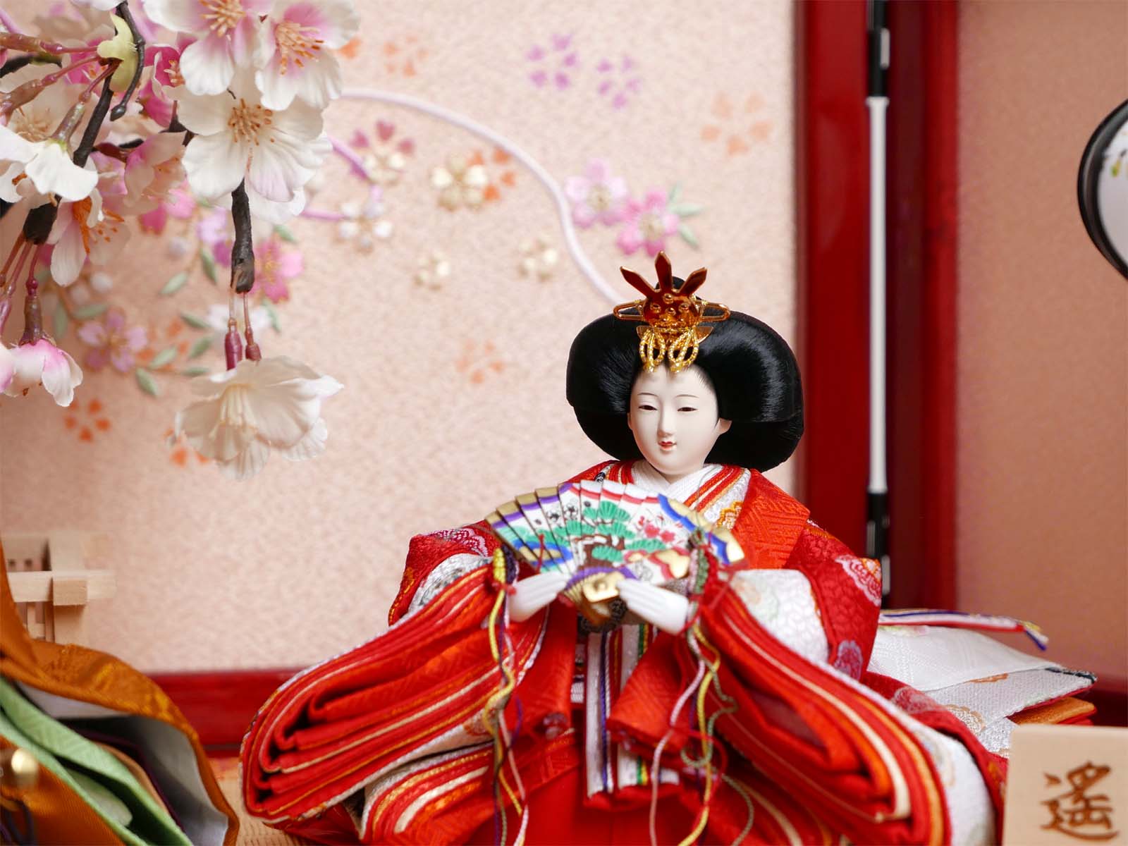 黄呂染衣装雛人形桜リボン赤塗り収納飾り(姫名前札付)