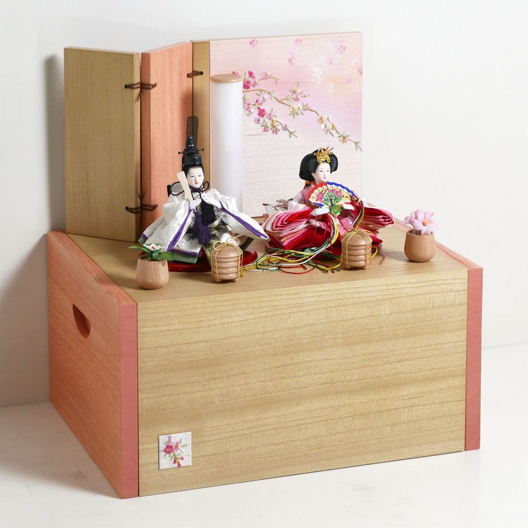 桜地模様薄ピンク衣装極小雛人形両引出収納飾り