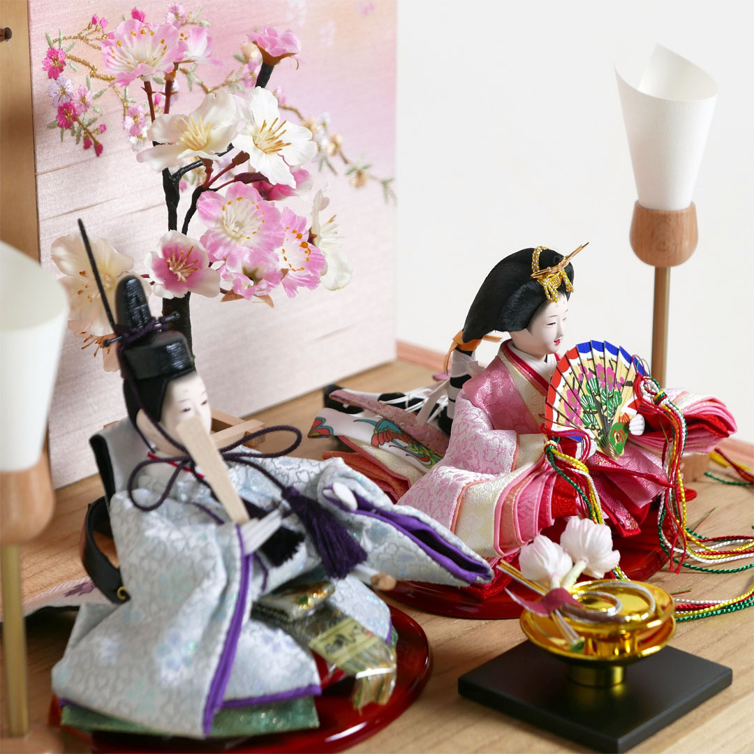 桜満開模様ピンク水色衣装極小雛人形両引出収納飾り