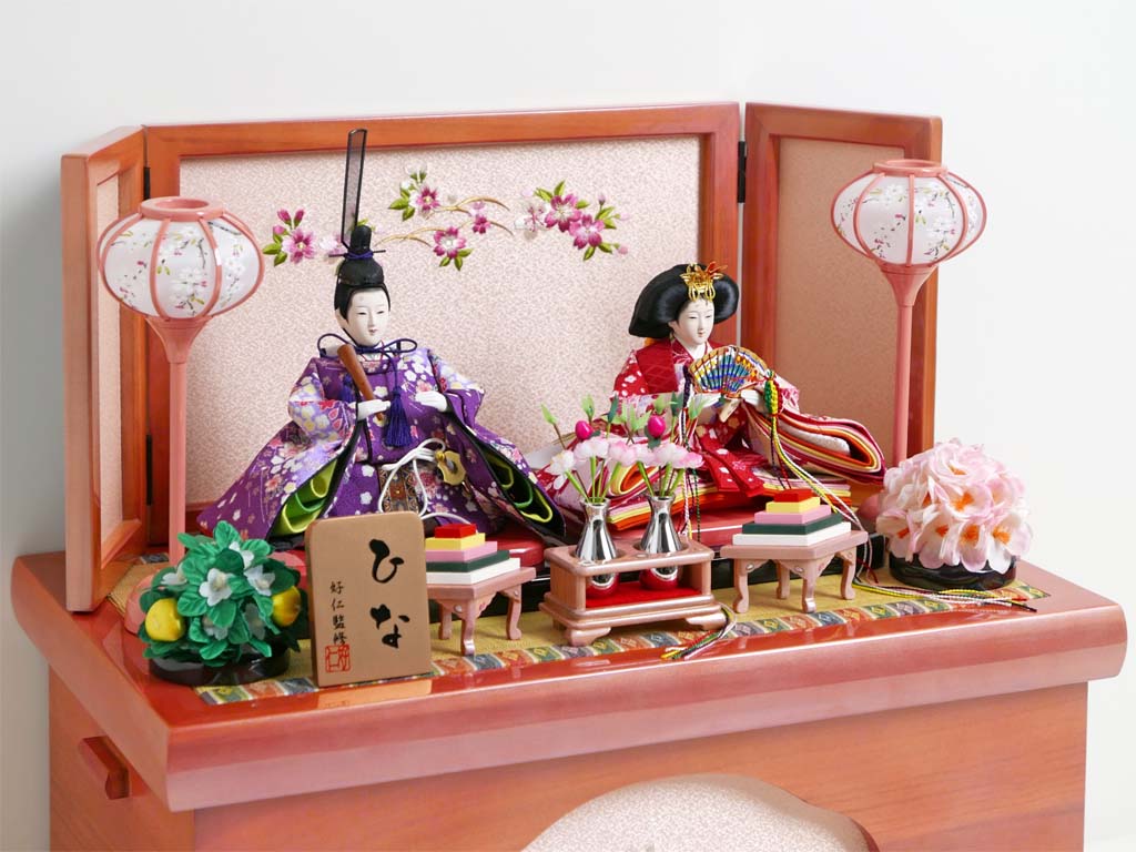 鮮やかな赤い友禅衣装雛人形桜花刺繍パールローズピンク収納飾り