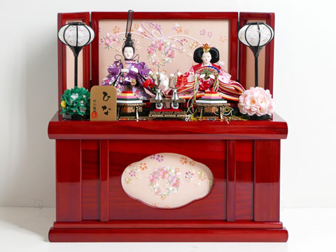 鮮やかな赤い友禅衣装雛人形桜リボン赤塗り収納飾り