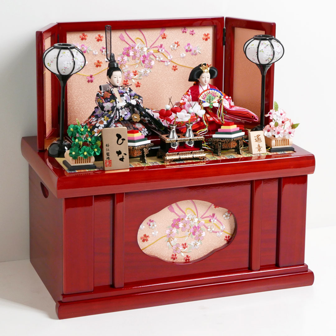 かわいいお顔の桜柄雛人形桜リボン赤塗り収納飾り