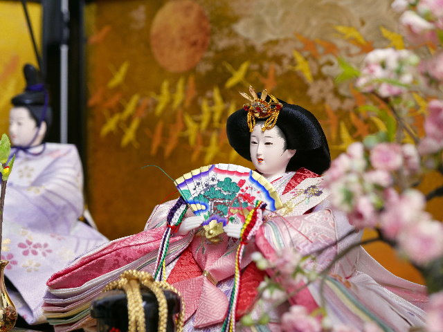 桜色と藤色の雛人形群鶴黒艶収納親王飾り