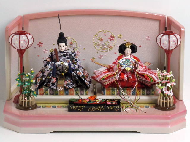 赤黒桜柄雛人形ピンクぼかしコンパクト親王飾り