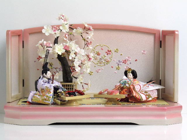 華やかな金彩桜衣装のコンパクト雛人形ピンク桜飾り
