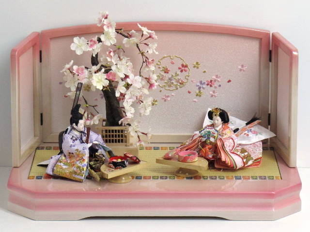 華やかな金彩桜衣装のコンパクト雛人形ピンク桜飾り