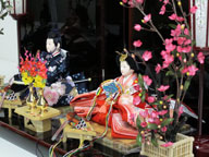 流水模様の赤生地に華やかな桜刺繍のお雛様を両脇から梅で飾る人気のコーディネートです。