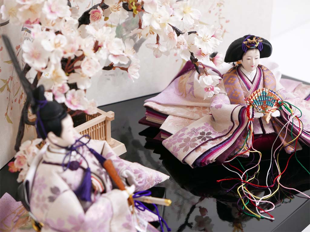 望月龍翠作 淡紫桜模様正絹衣装雛人形手描きしだれ桜屏風創作親王飾り