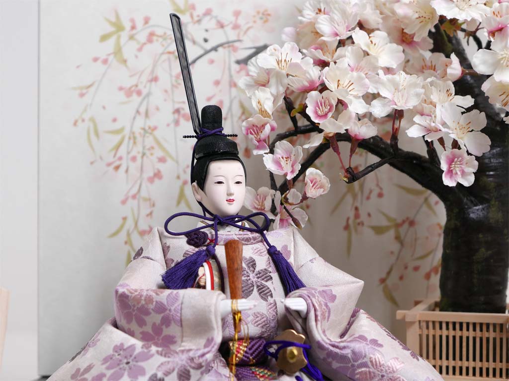 望月龍翠作 淡紫桜模様正絹衣装雛人形手描きしだれ桜屏風創作親王飾り