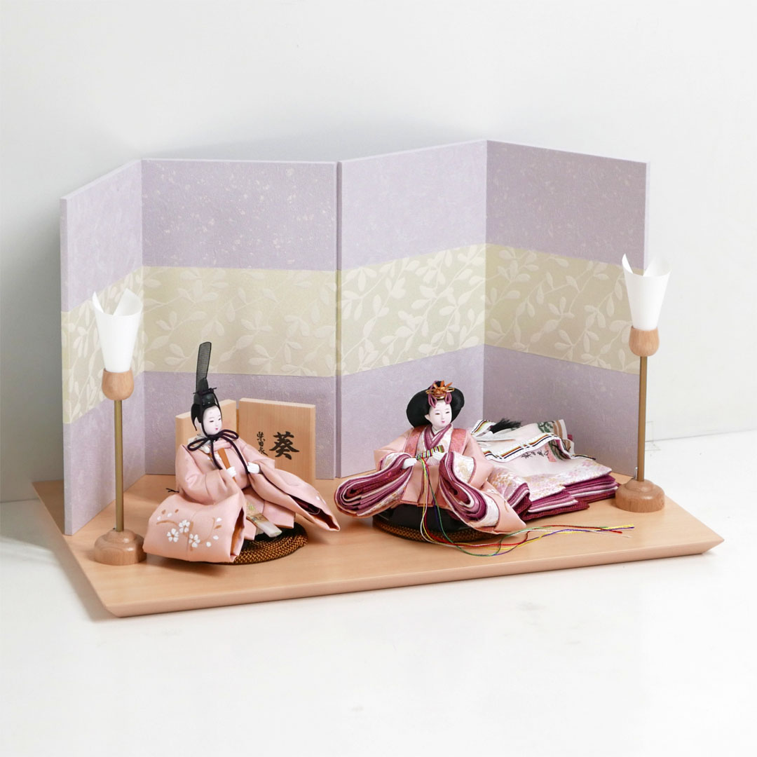 柴田家千代作 桜手描き桜色衣装の雛人形萩の紫屏風親王飾り