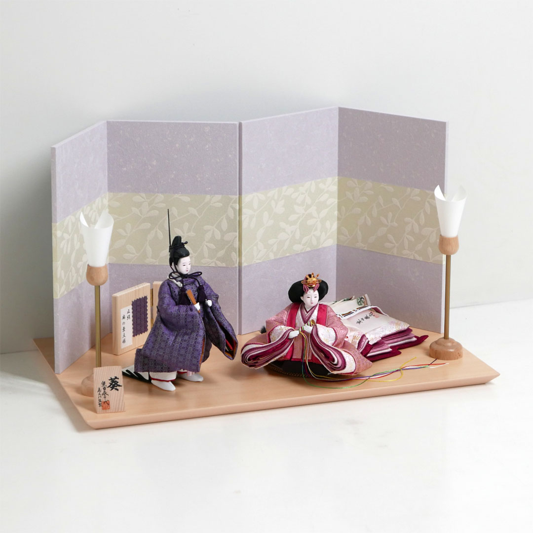 柴田家千代作 麻の葉文様衣装の雛人形萩の紫屏風親王飾り