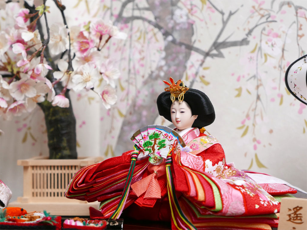 桜刺繍赤ベージュ衣装雛人形手描きしだれ桜屏風創作親王飾り
