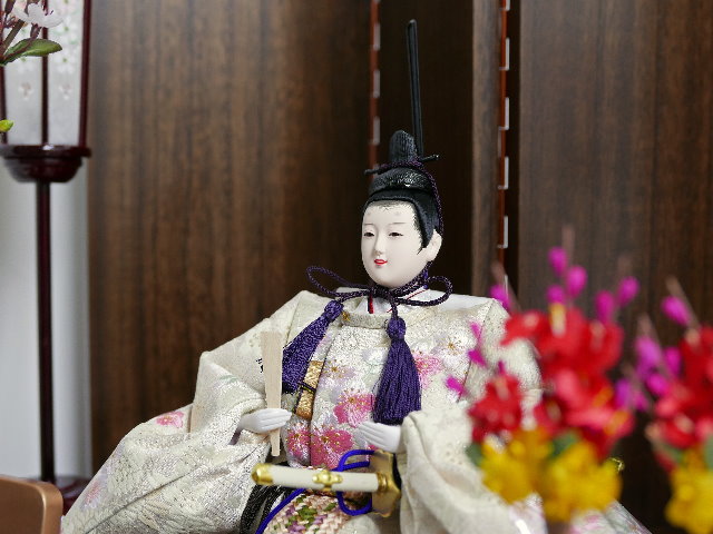 刺繍桜満開雛人形茶塗り六曲屏風紅白梅親王飾り