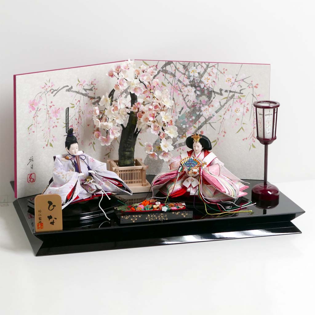 淡い桜色雛人形の四曲絹金屏風桜親王飾りの通販 選ばれるお店の雛人形