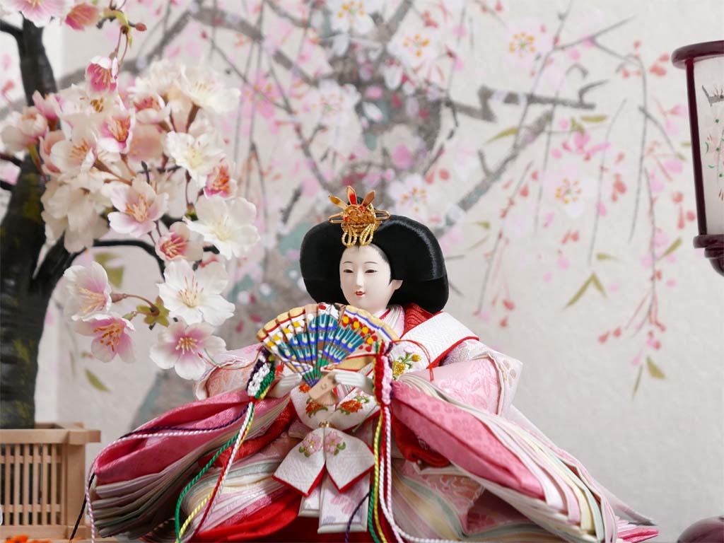 淡い桜色雛人形の四曲絹金屏風桜親王飾りの通販 選ばれるお店の雛人形